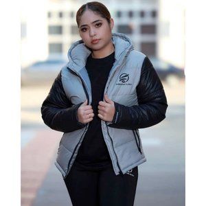 Women Core Tech Puffer Jacket - Grey & Black | Hooded Jacket | Zip Up Jacket